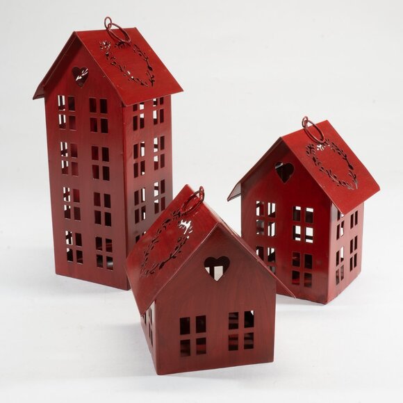 Set Of 3 Red Metal Rustic Houses, Tealight holders - Picture 1 of 3